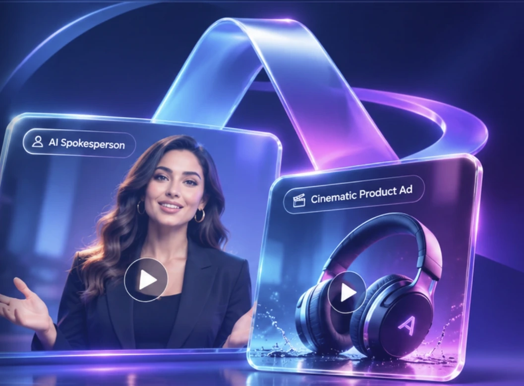 Concept artwork showing an AI spokesperson video alongside a cinematic product commercial